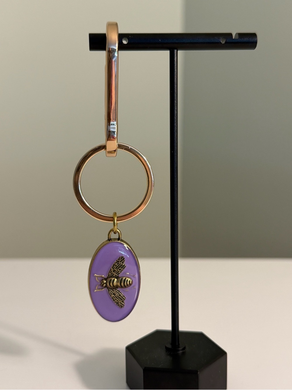Luxury Gold Lavender Enamel Oval Bee Logo Charm Keyring